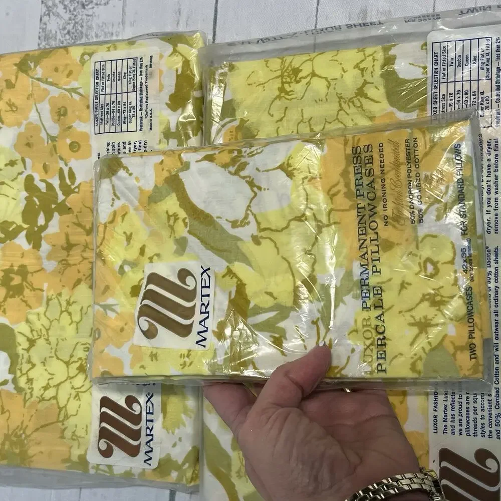 Vintage Martex Luxor Percale Twin Fitted Sheet Set 3pc Yellow Green Pillowcases